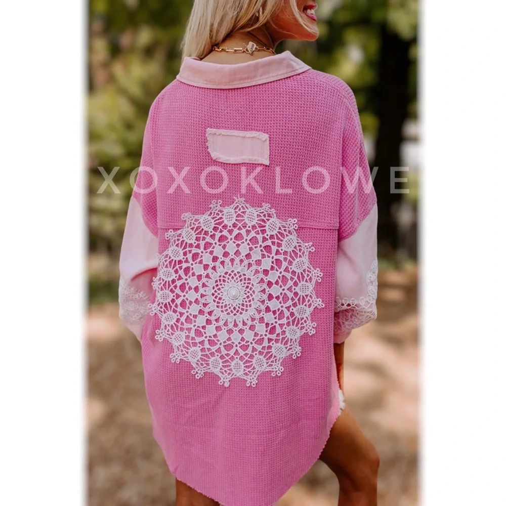 LAST ONE POL Pink Patchwork Button Down Crochet Lace Denim Oversized Fit - Picture 14 of 15